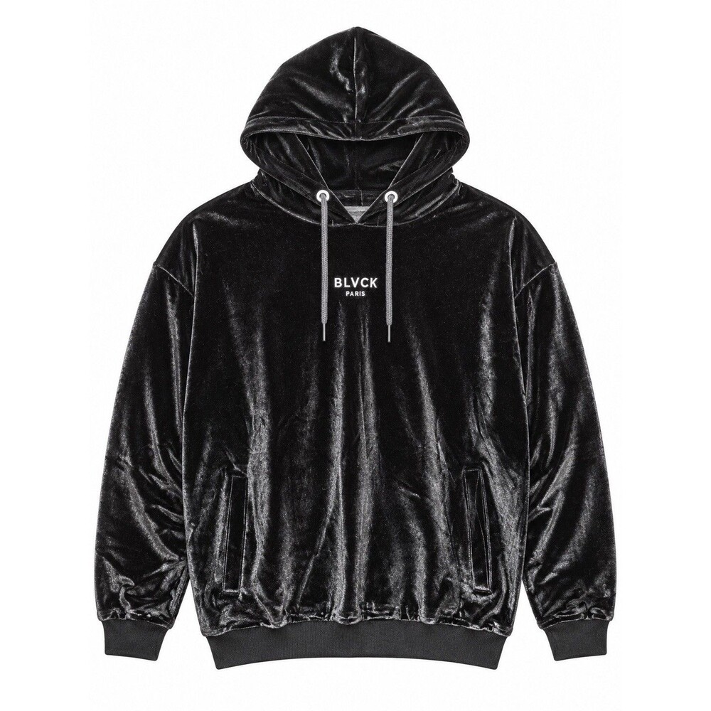BLVCK Paris Black Velvet Velour XXL Pullover Hoodie Embroidered Logo Pockets F